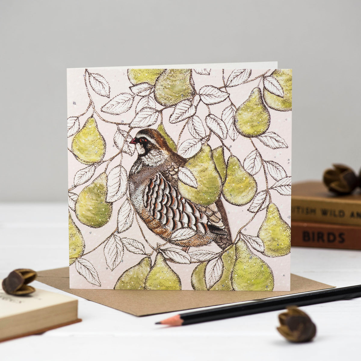 Partridge Pears Hand Drawn Art Blank Christmas Greeting Card