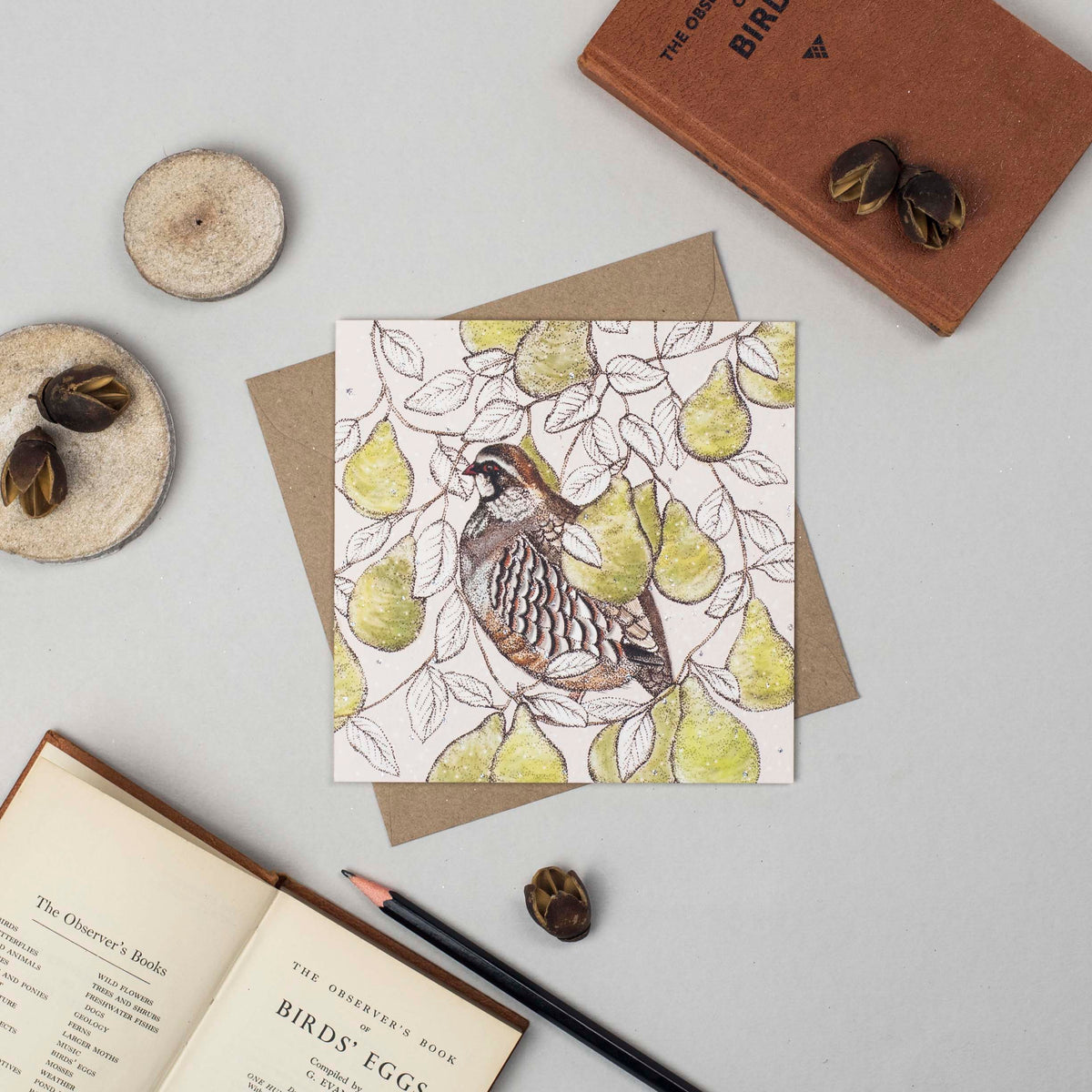 Partridge Pears Hand Drawn Art Blank Christmas Greeting Card