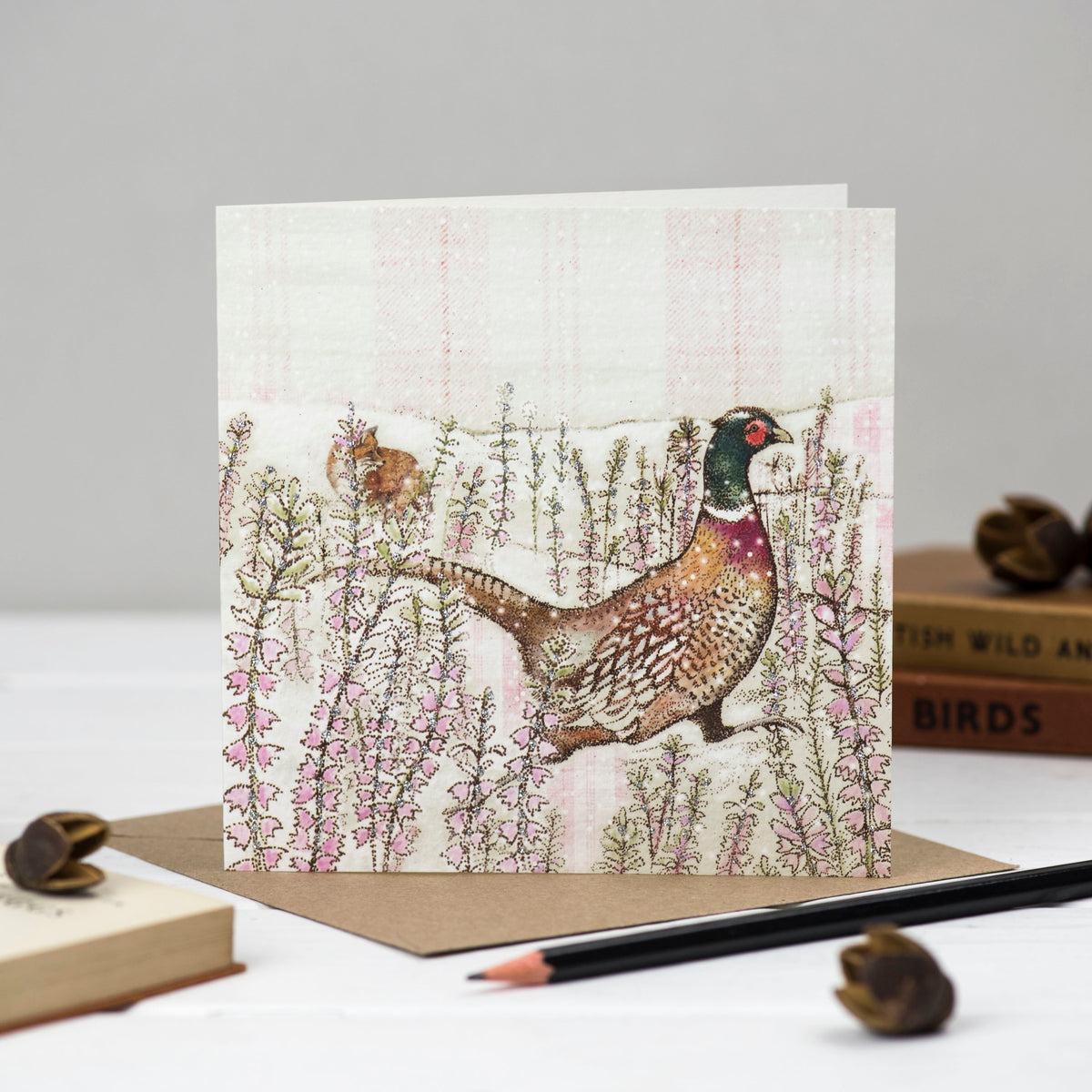 Fox and Pheasant Hand Drawn Art Blank Wildlife Greeting Card