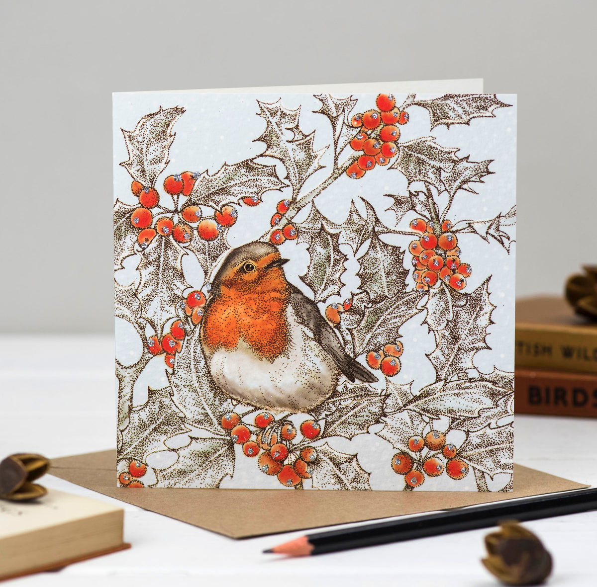 Robin Holly Hand Drawn Art Blank Christmas Greeting Card
