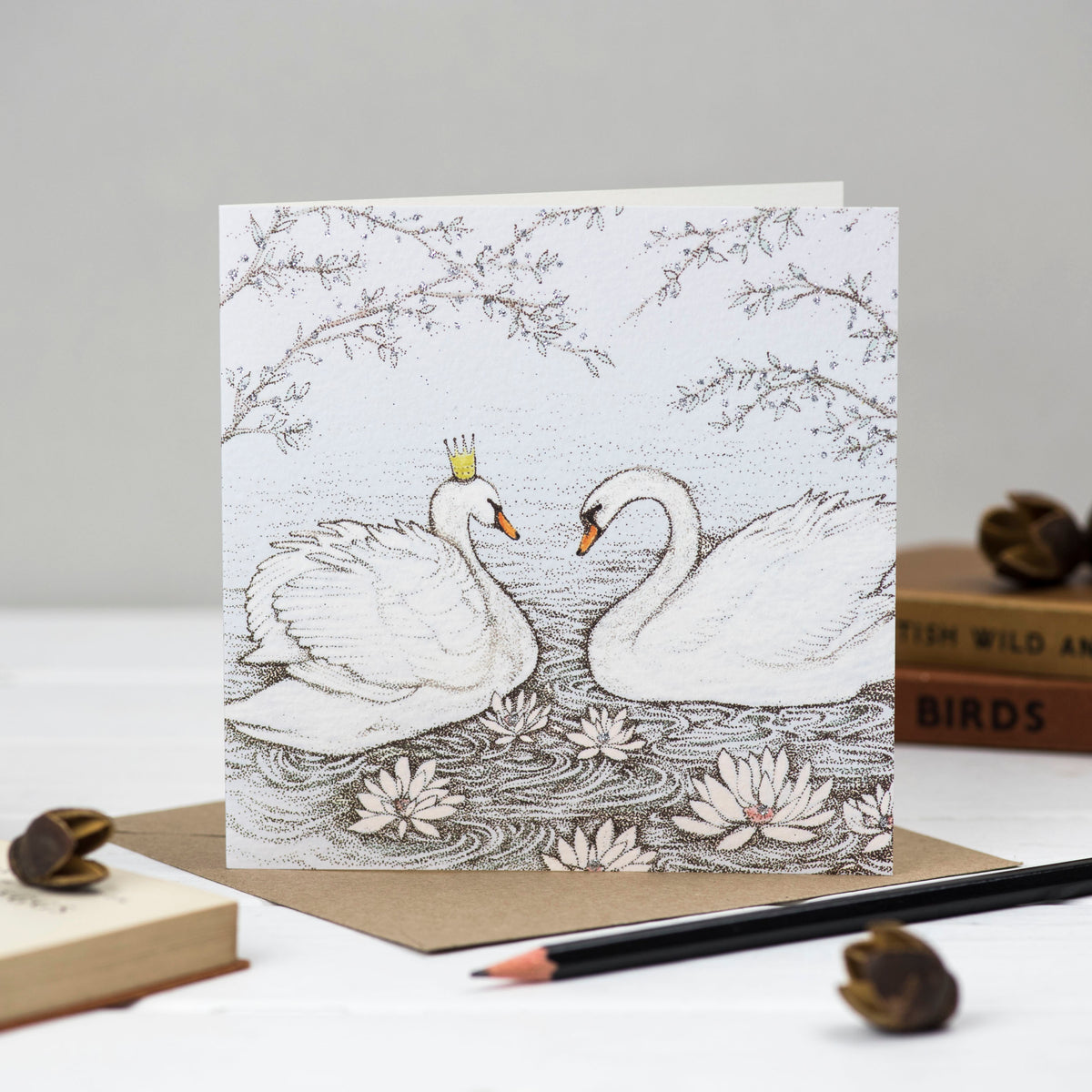 Swans Crown Couple Queen Hand Drawn Blank Art Greeting Card
