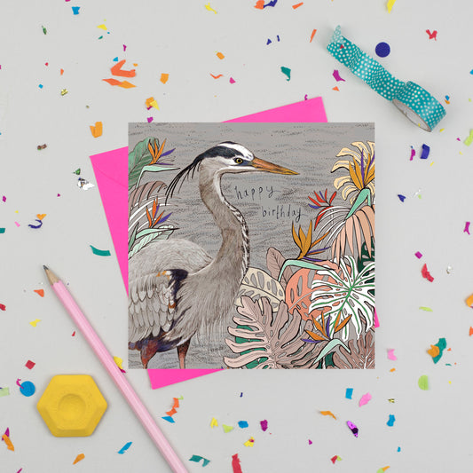 Happy Birthday Heron Hand Drawn Blank Greeting Card