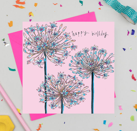 Agapanthus Floral Pink Hand Drawn Art Birthday Greeting Card