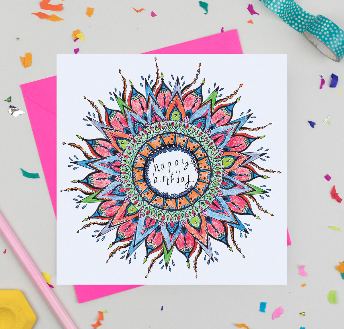Rainbow Mandala Hand Drawn Art Blank Birthday Greeting Card