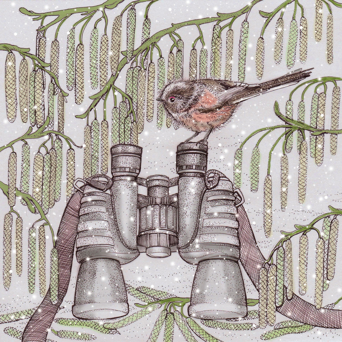 Binoculars Bird Hand Drawn Wildlife Art Blank Greeting Card