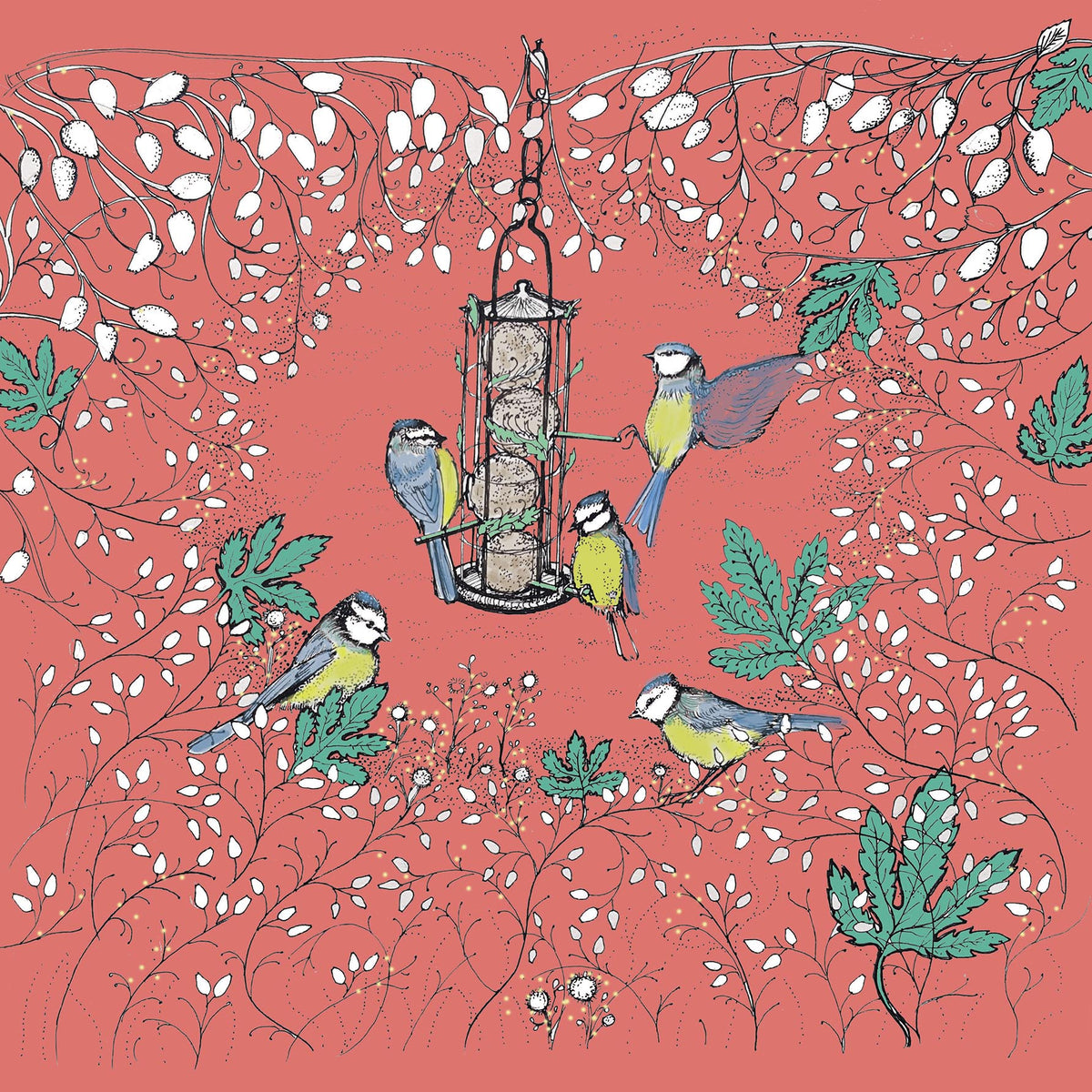 Blue Tits Feeding Hand Drawn Wildlife Blank Greeting Card