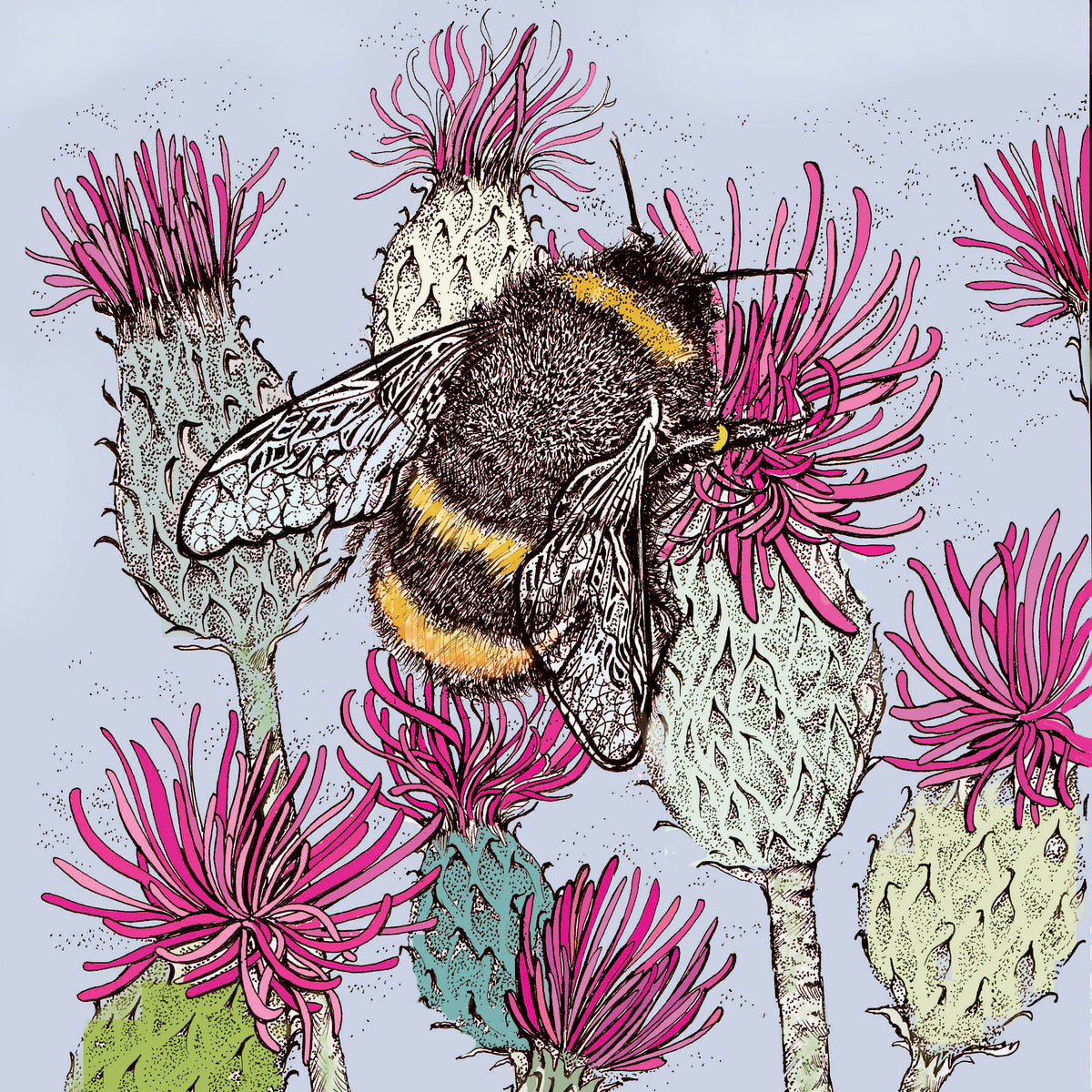 Bumblebee and Thistles Hand Drawn Art Blank Greeting Card