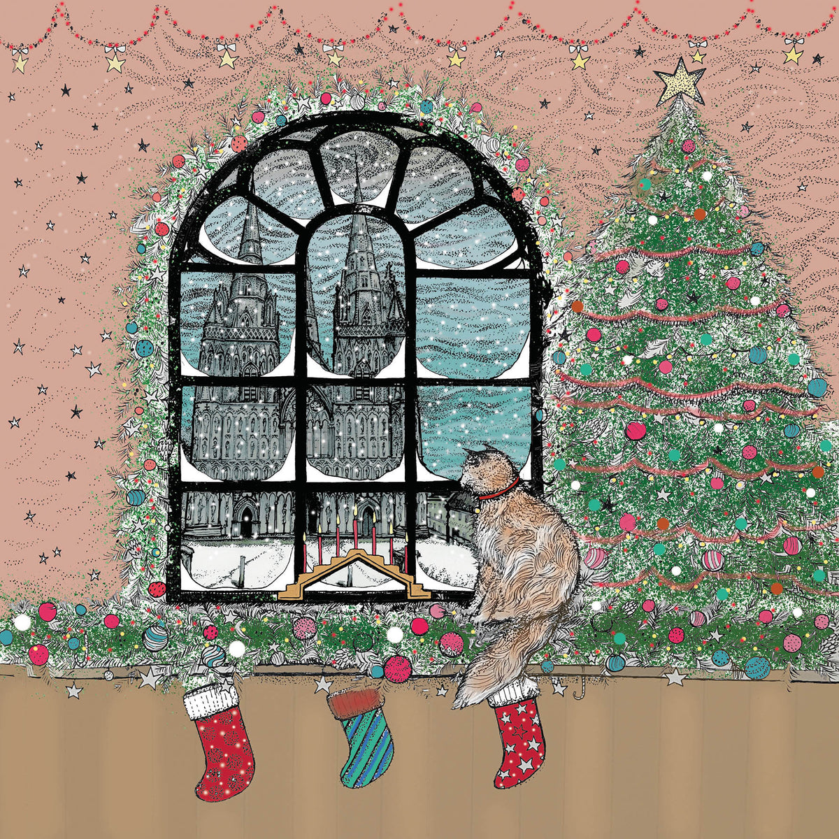 Cat and Cathedral Hand Drawn Blank Christmas Greeting Card