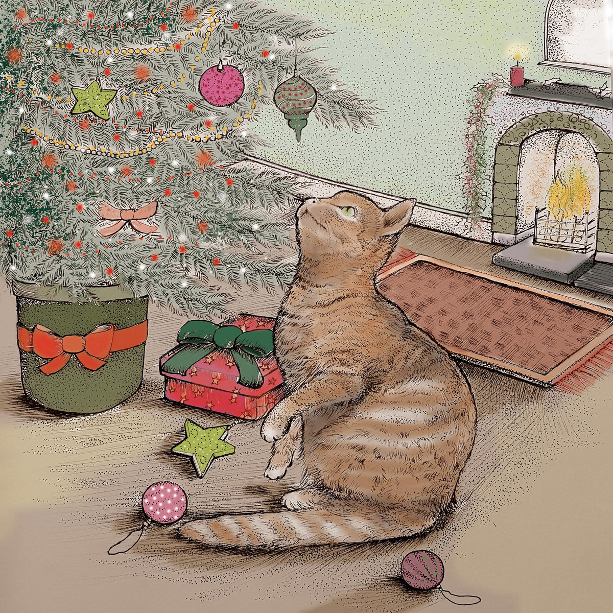 Cat and Christmas Tree Hand Drawn Art Blank Greeting Card