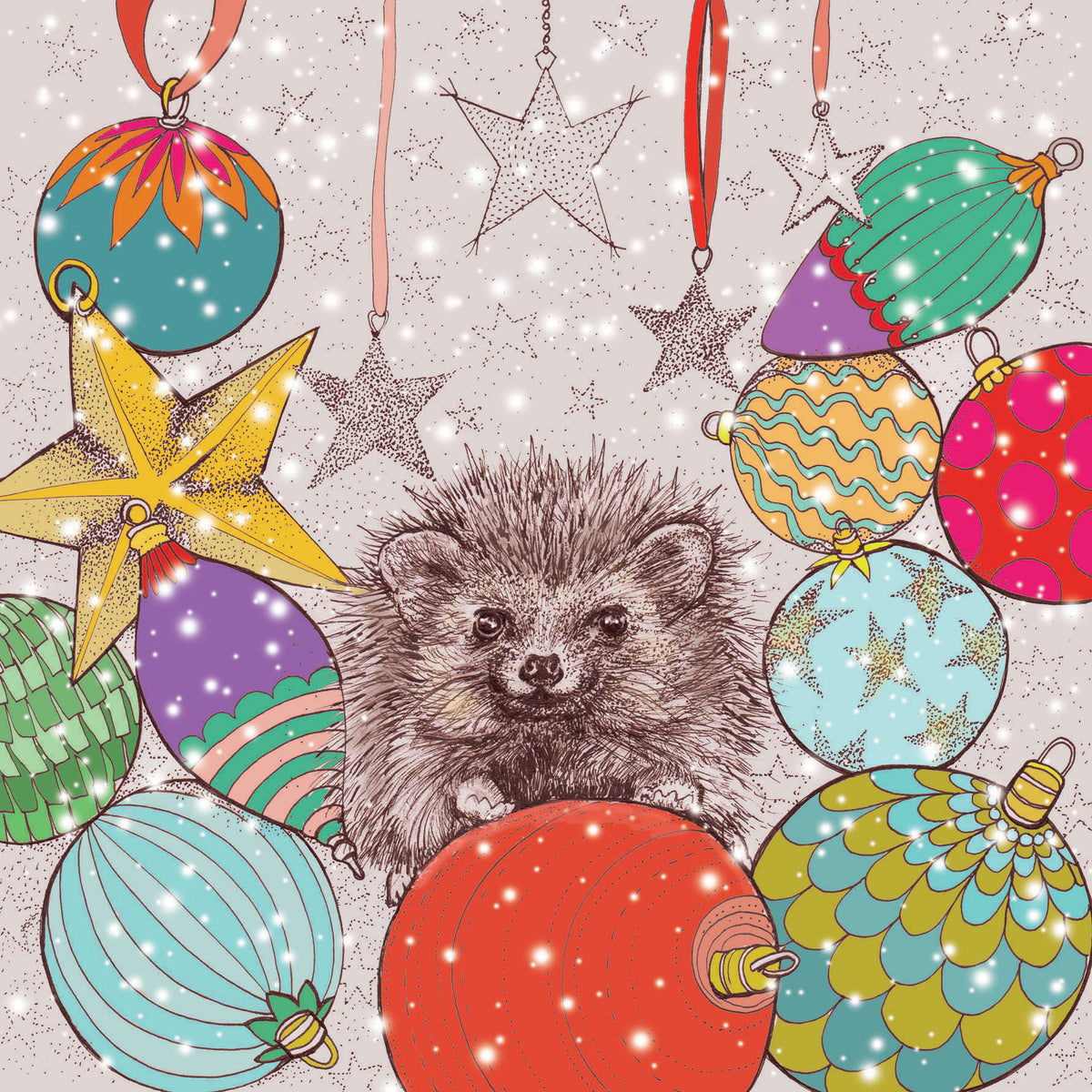 Hedgehog Baubles Hand Drawn Blank Christmas Greeting Card