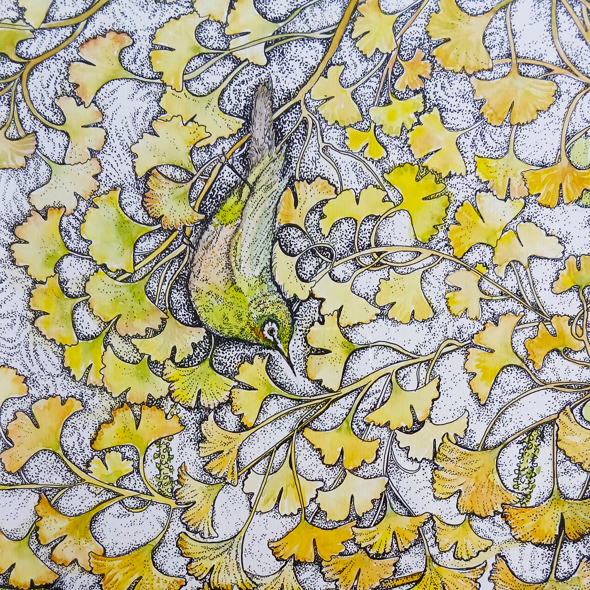 Japanese White Eye Bird Hand Drawn Blank Art Greeting Card