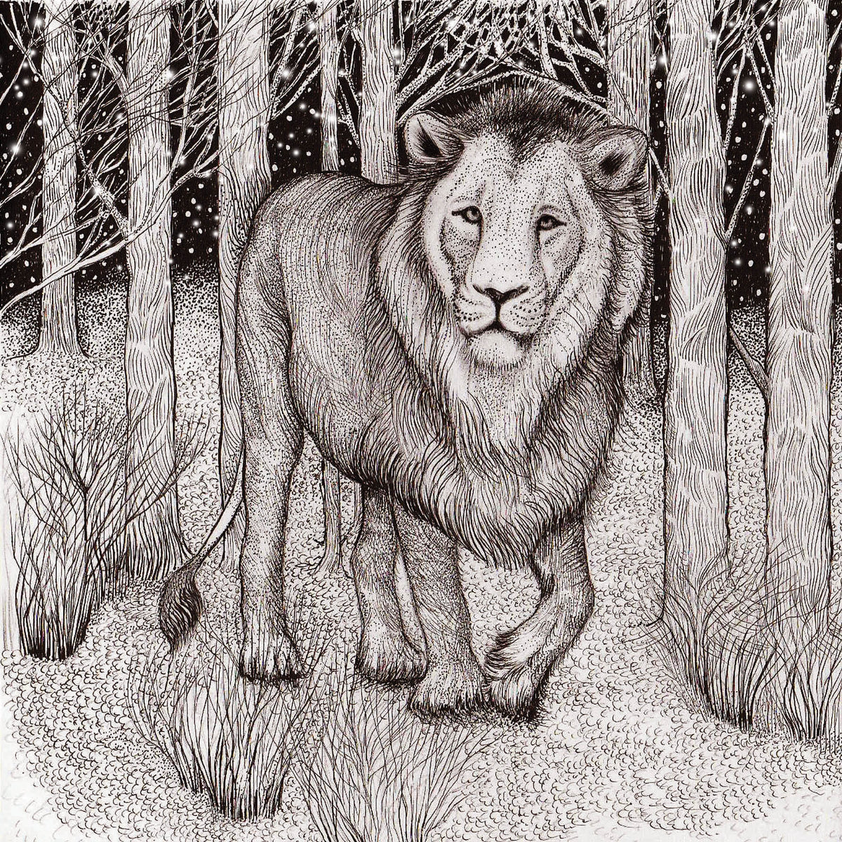 Lion in the Snow Hand Drawn Winter Art Blank Greeting Card
