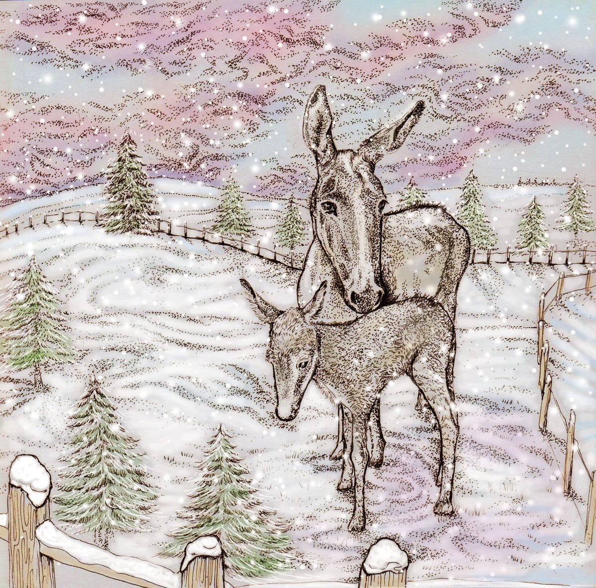 Little Donkeys Hand Drawn Art Christmas Blank Greeting Card