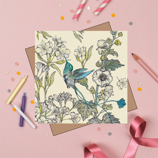 Hummingbird in Yellow Hand Drawn Art Blank Greeting Card