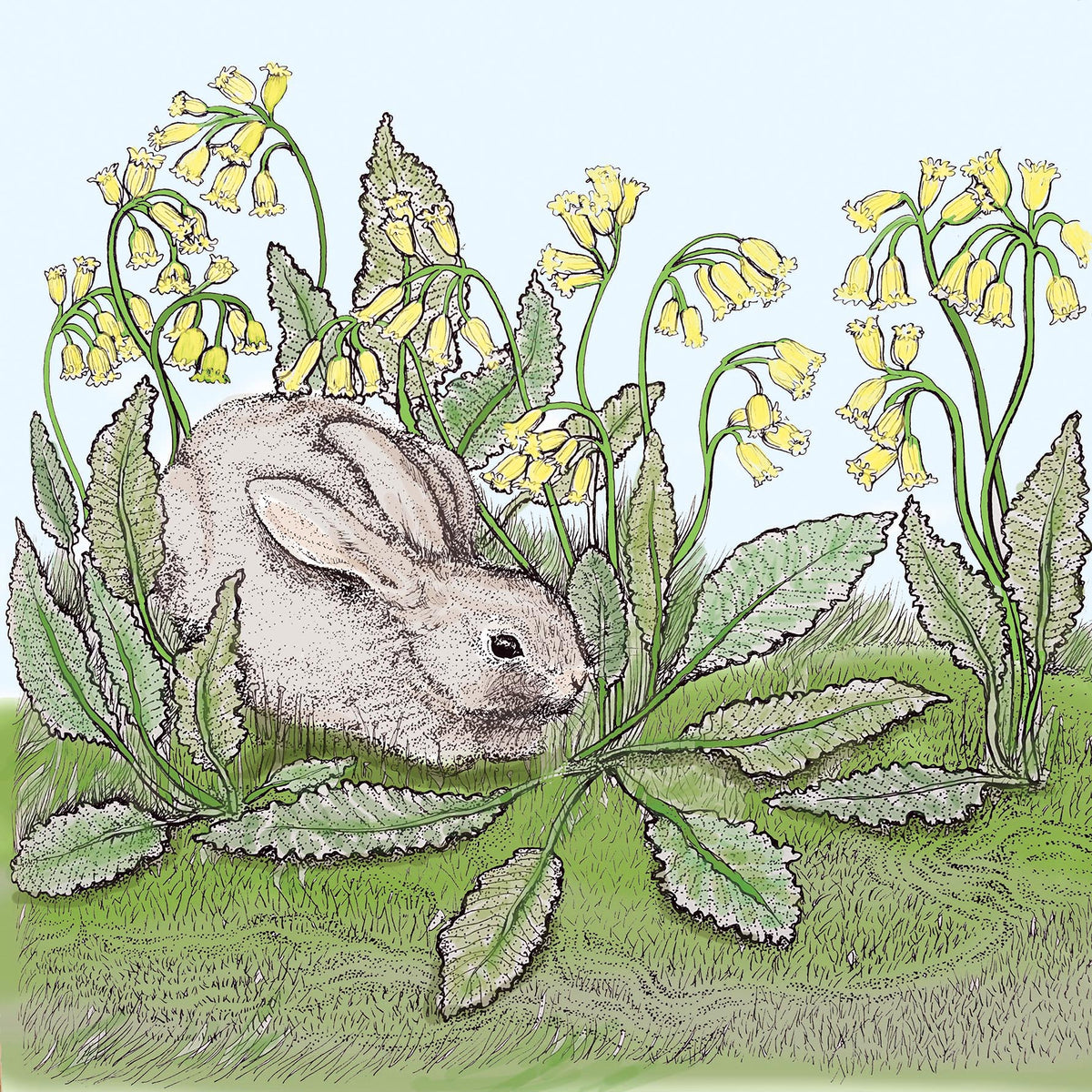 Rabbit Cowslips Hand Drawn Easter Bunny Blank Greeting Card