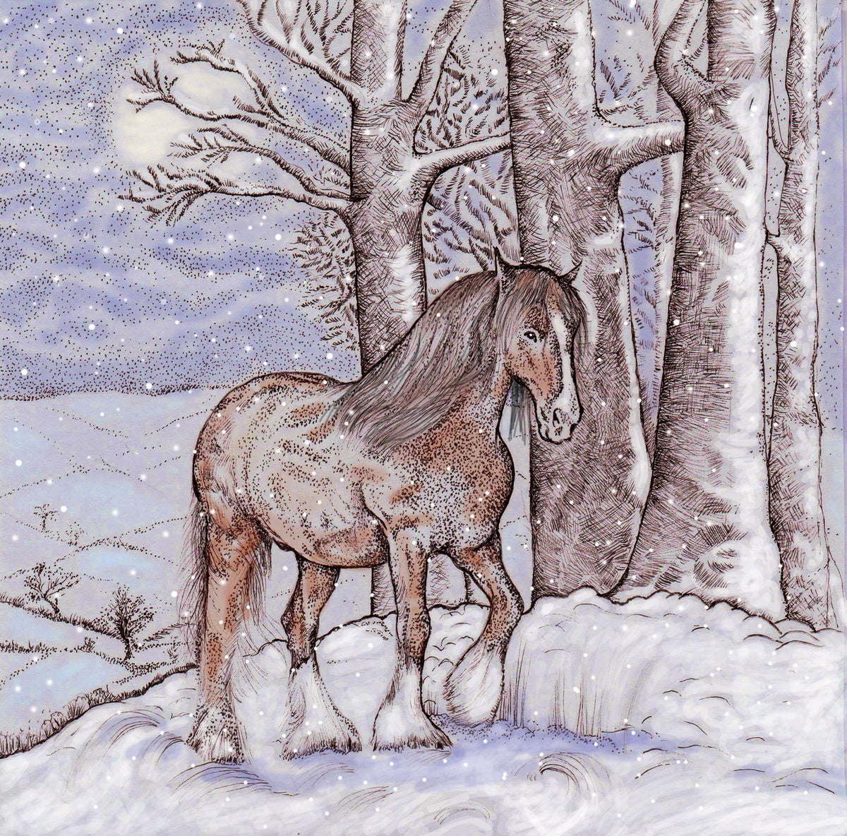 Shire Horse and Moon In Winter Countryside Greeting Card