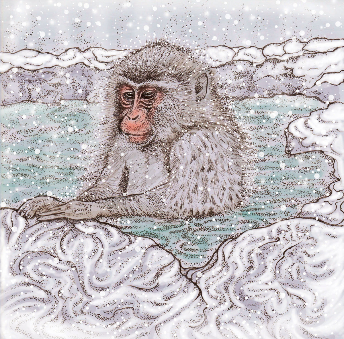 Snow Monkey Hot Spring Japan Hand Drawn Blank Greeting Card
