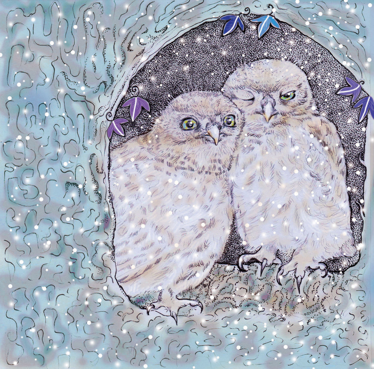 Snuggling Owls Couple Christmas Cute Blank Greeting Card
