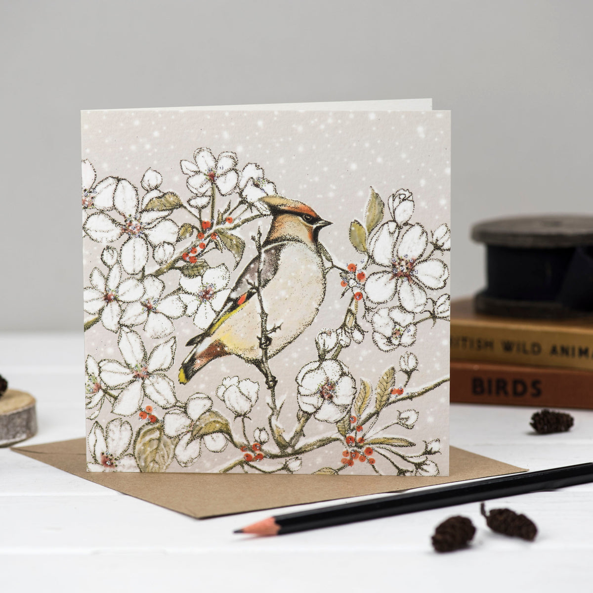 Waxwing Hand Drawn Bird Winter Christmas Blank Greeting Card