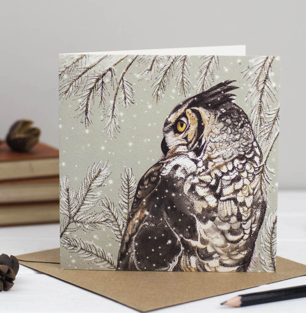 Owl Hand Drawn Bird Art Blank Winter Christmas Greeting Card