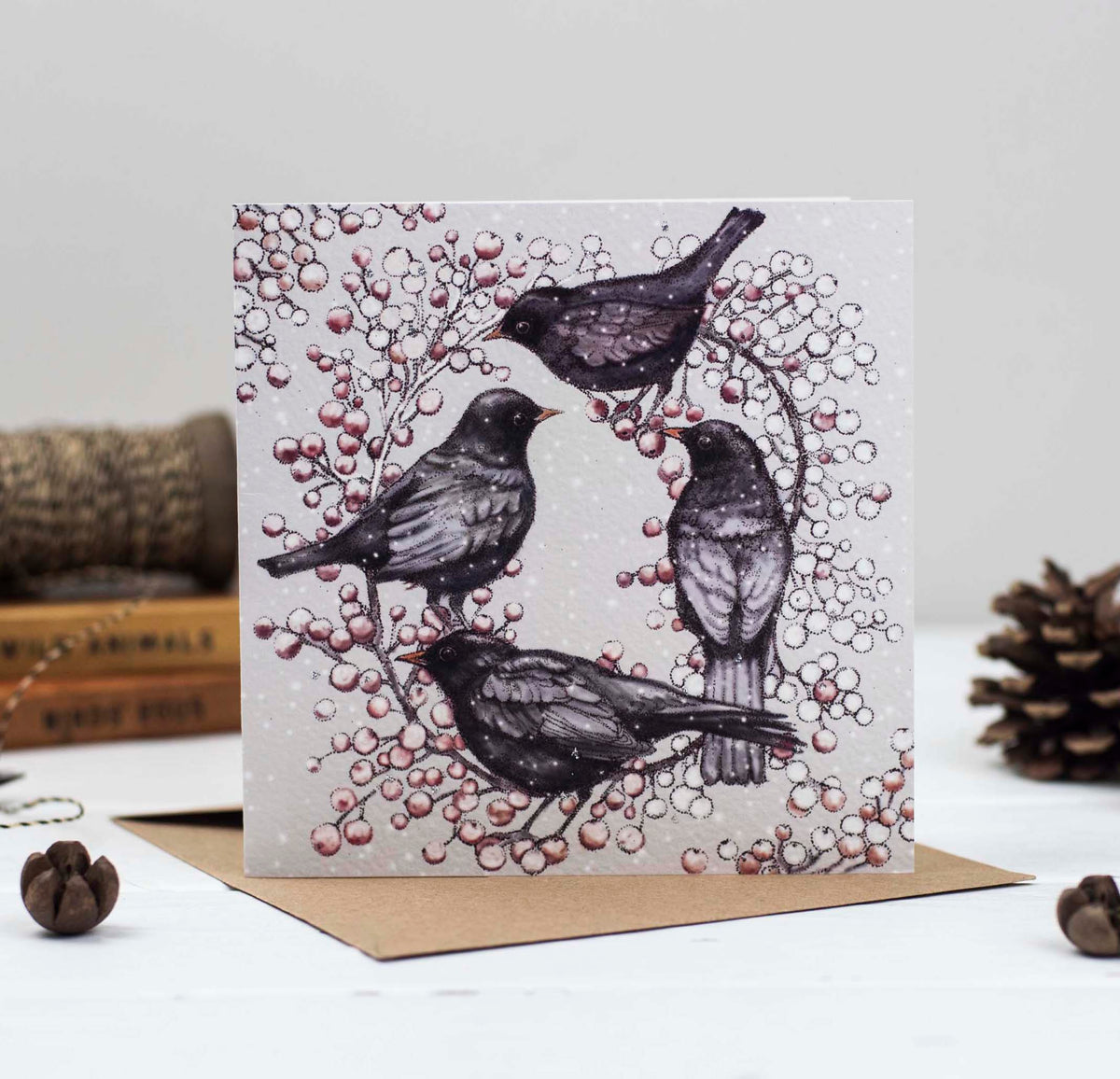 Blackbirds Berry Hand Drawn Wildlife Art Blank Greeting Card