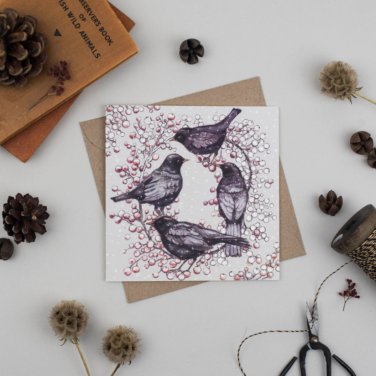 Blackbirds Berry Hand Drawn Wildlife Art Blank Greeting Card