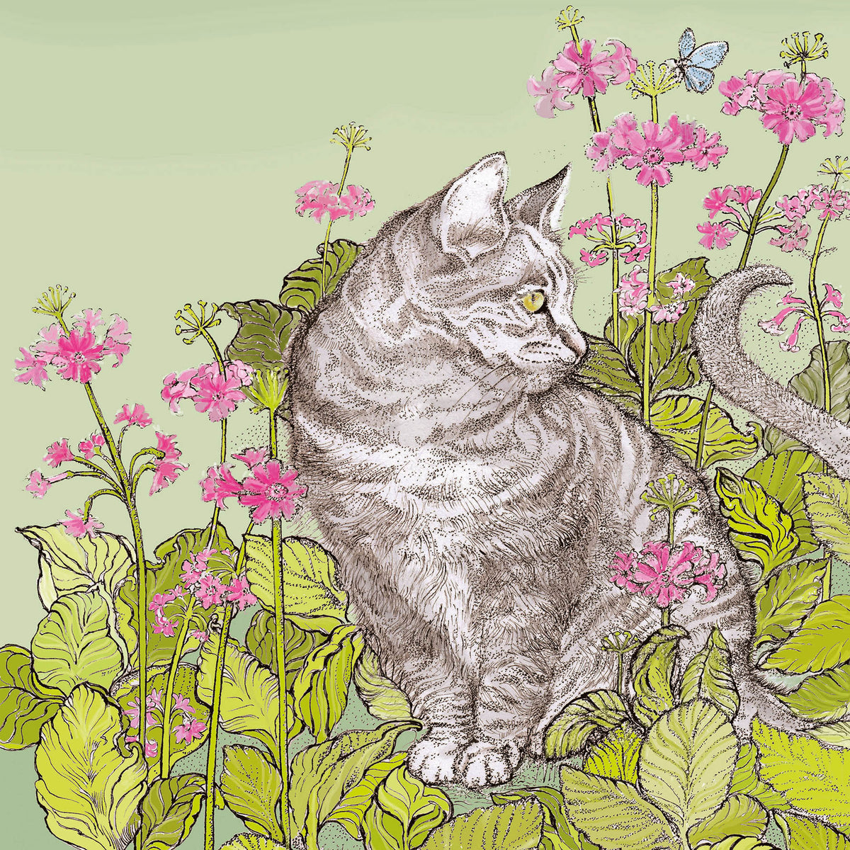 Cat and Hostas Hand Drawn Art Floral Blank Greeting Card