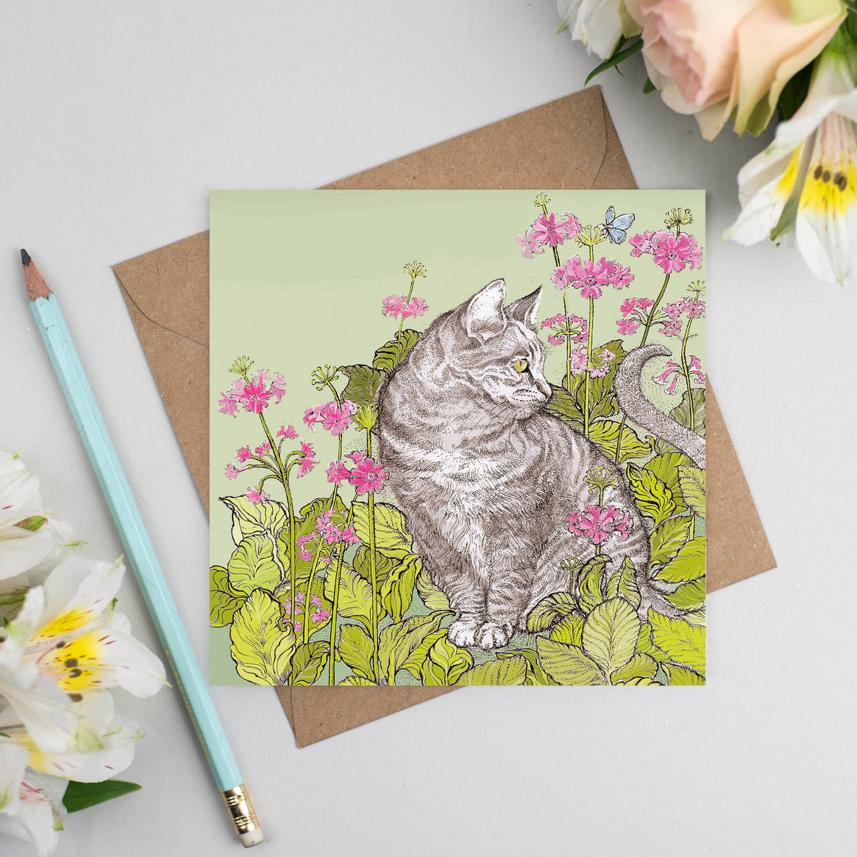 Cat and Hostas Hand Drawn Art Floral Blank Greeting Card