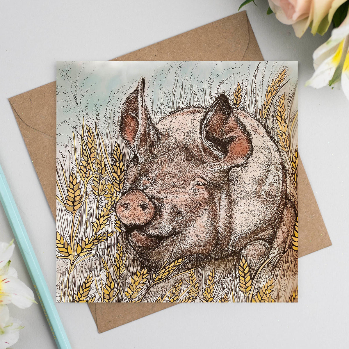 Pig Wheat Hand Drawn Farm Animal Blank Greeting Card