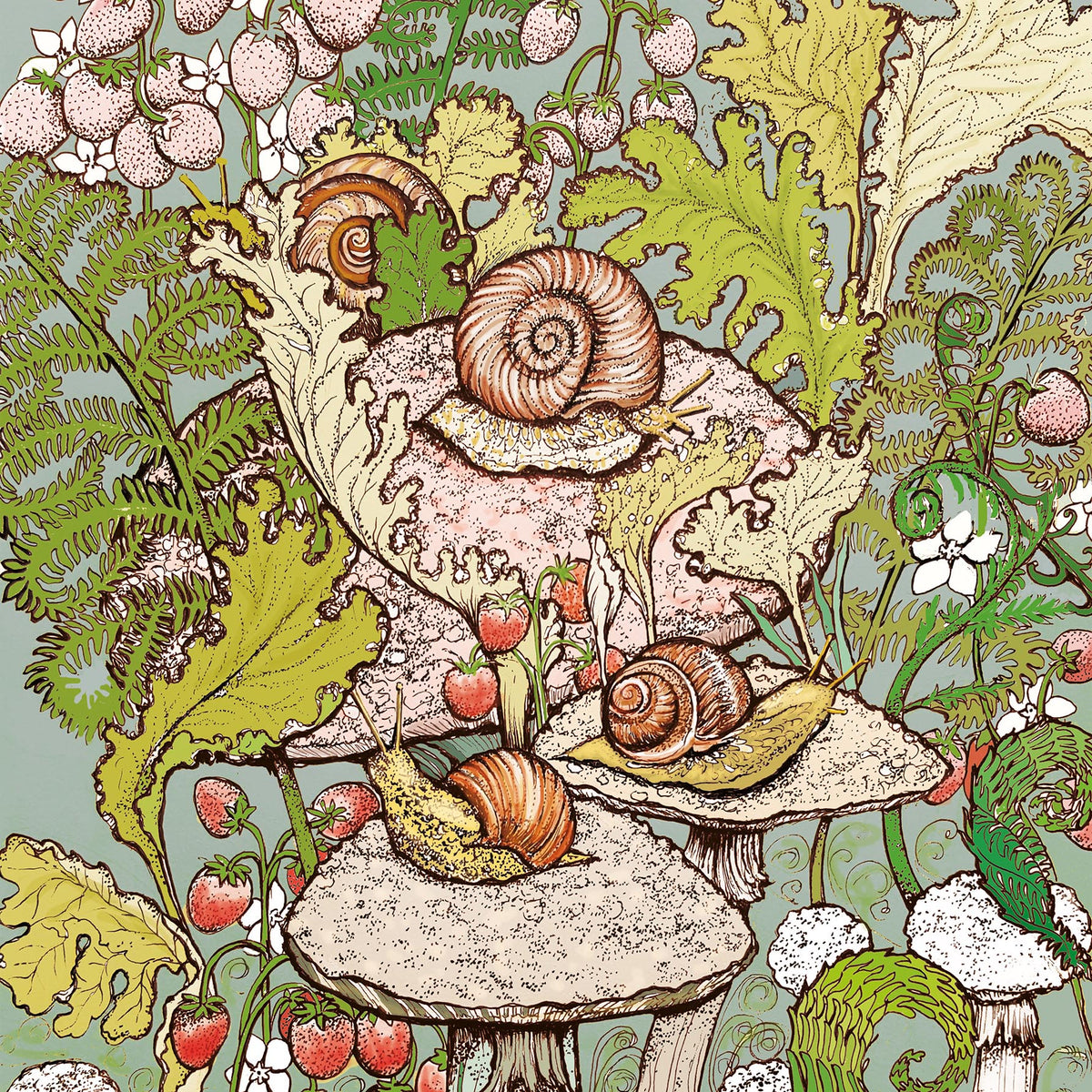 Snails Fern Garden Hand Drawn Art Blank Greeting Card