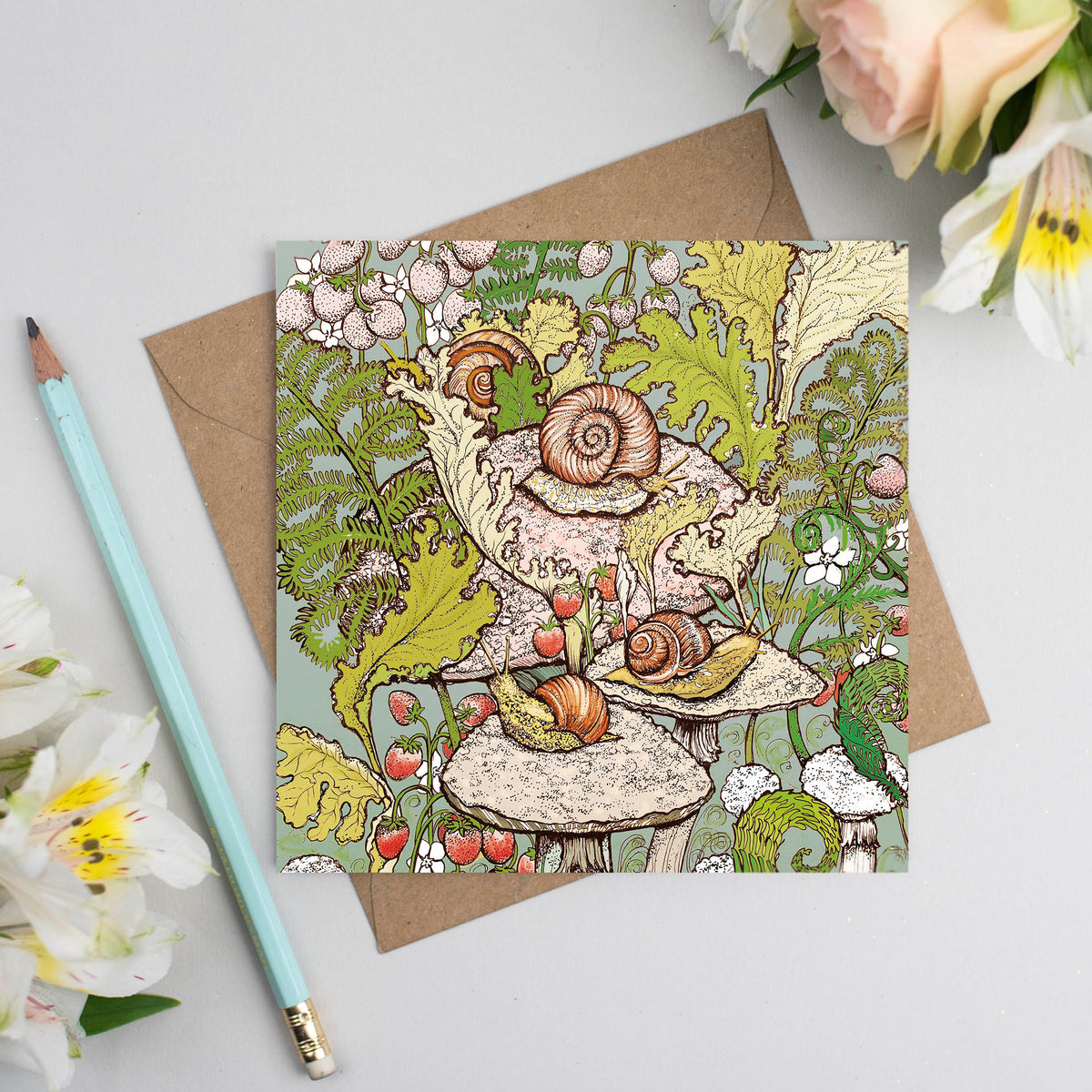 Snails Fern Garden Hand Drawn Art Blank Greeting Card