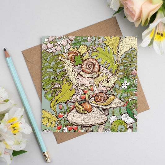 Snails Fern Garden Hand Drawn Art Blank Greeting Card