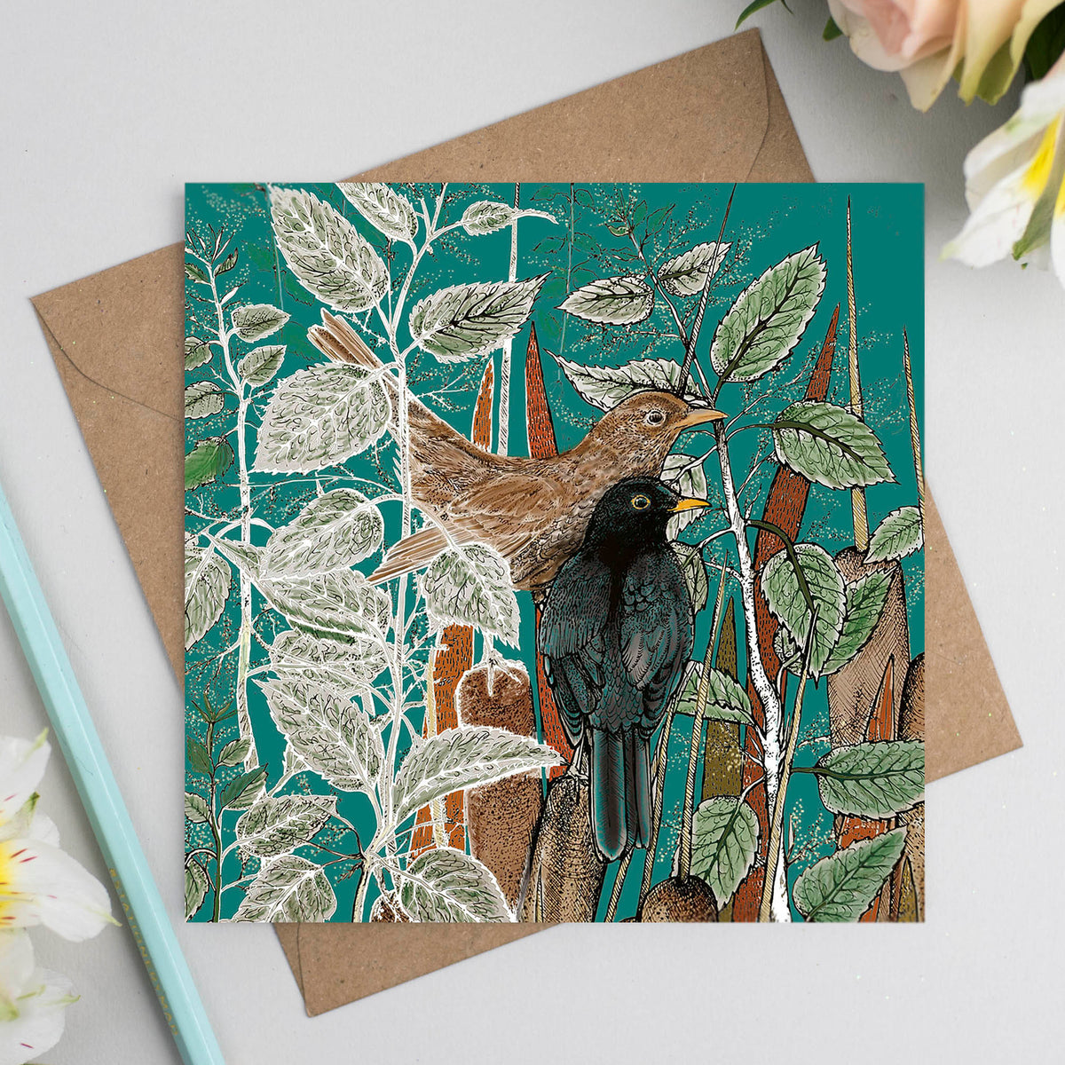 Blackbirds Nettles Hand Drawn Art Blank Greeting Card