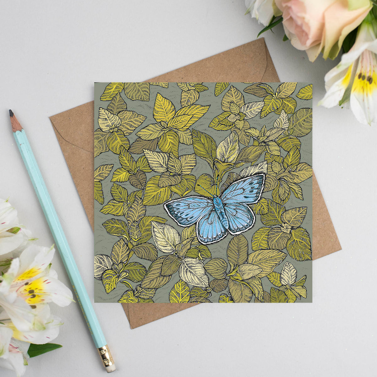 Large Blue Butterfly Hand Drawn Art Blank Greeting Card