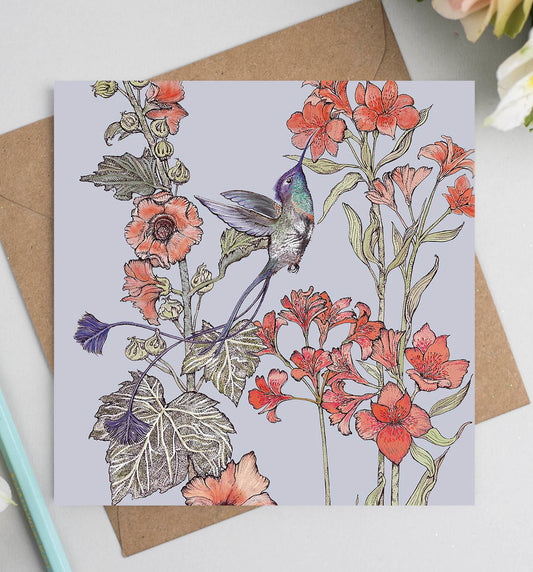 Hummingbird Hand Drawn Art Floral Blank Bird Greeting Card