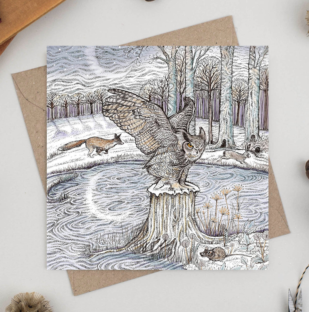 Hunting Owl Hand Drawn Moon Art Blank Winter Greeting Card