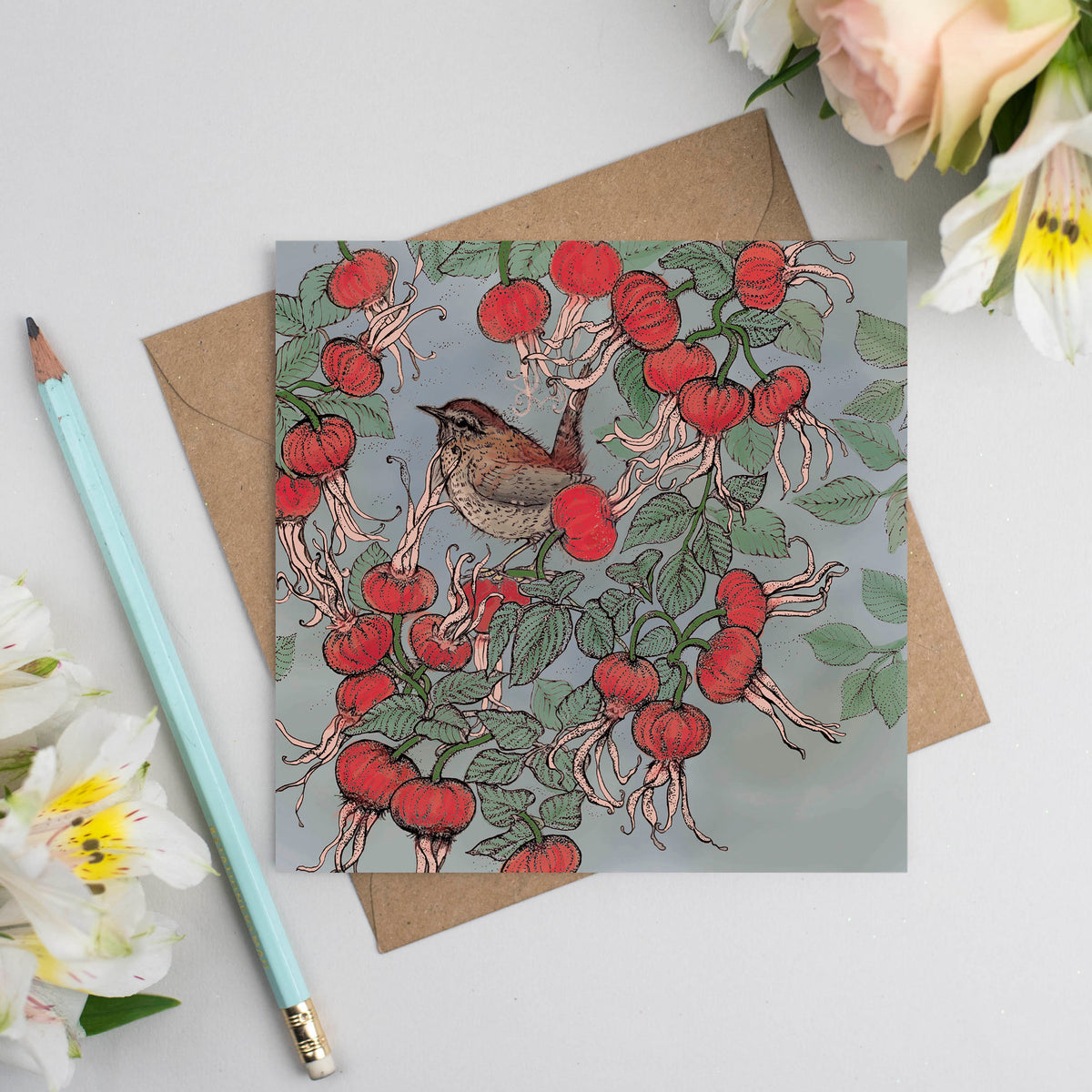 Wren Beech Rose Hand Drawn Bird Blank Greeting Card
