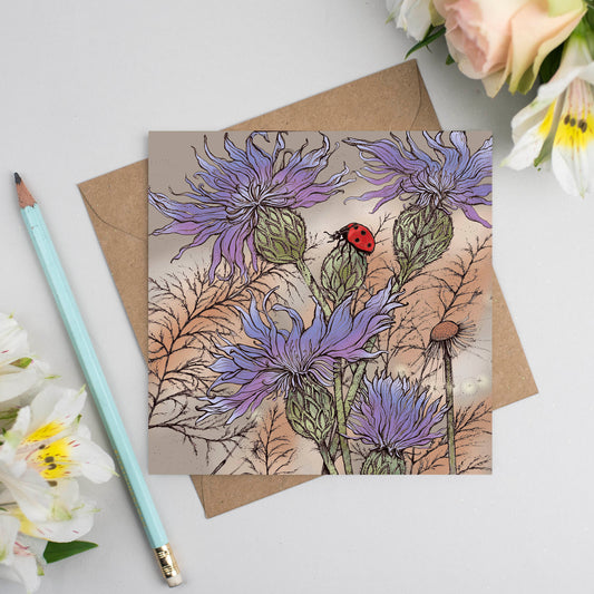 Ladybird Cornflowers Hand Drawn Art Blank Greeting Card