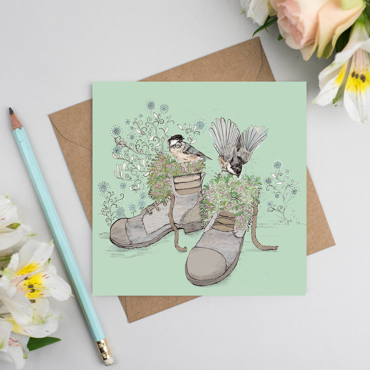Coal Tits Boots Hand Drawn Bird Floral Blank Greeting Card