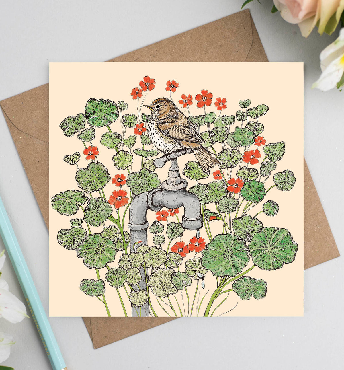 Song Thrush Nasturtiums Garden Blank Nature Greeting Card