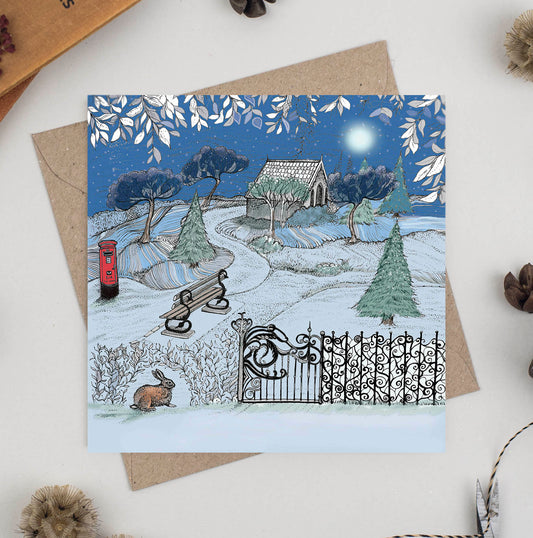 Rabbit Garden Moon Hand Drawn Christmas Blank Greeting Card