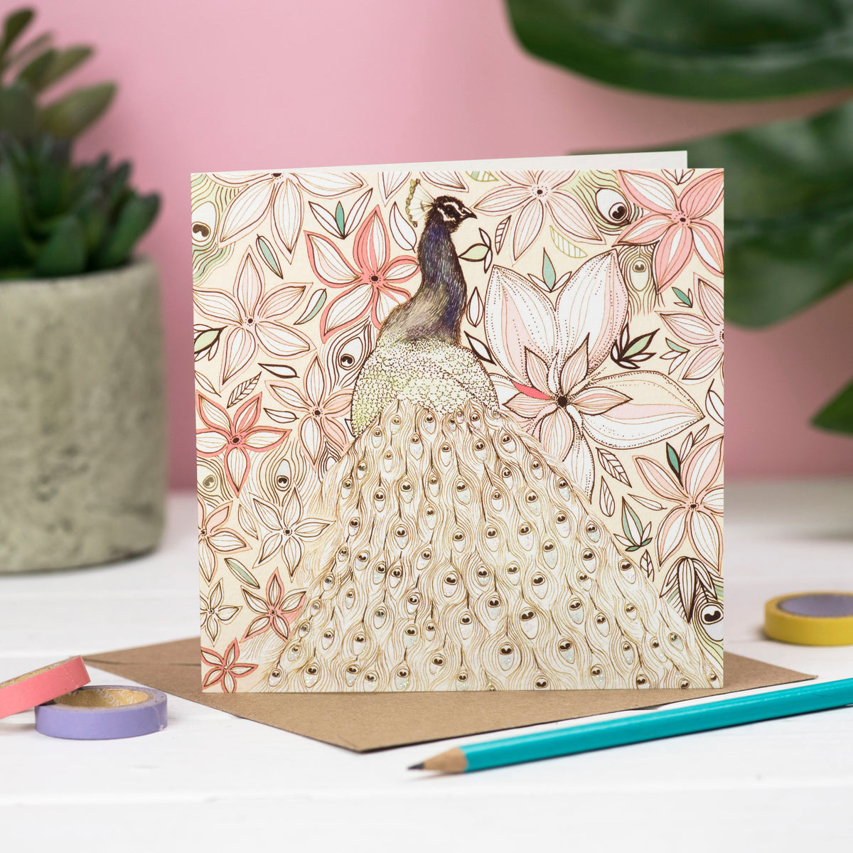 Peacock Flowers Hand Drawn Art Blank Bird Greeting Card