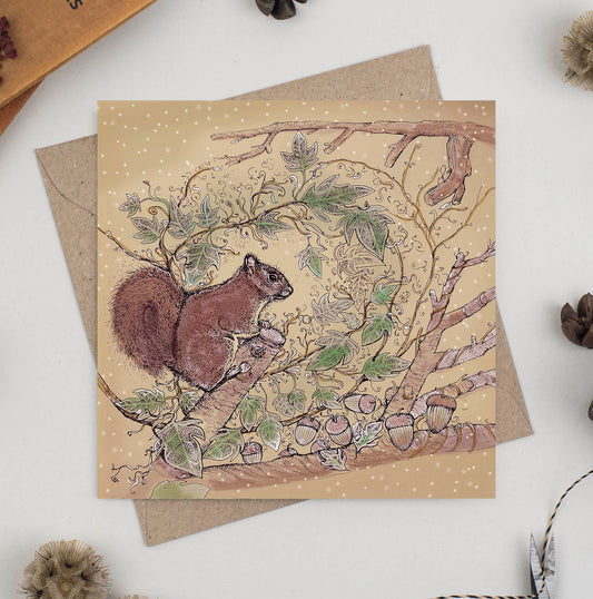 Burying Acorns Hand Drawn Squirrel Art Blank Greeting Card