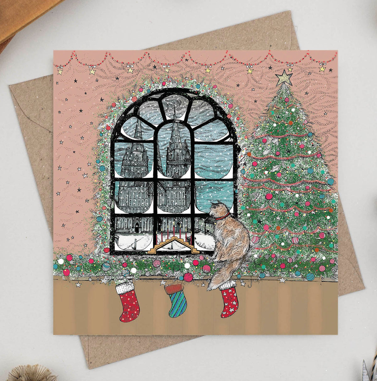 Cat and Cathedral Hand Drawn Blank Christmas Greeting Card