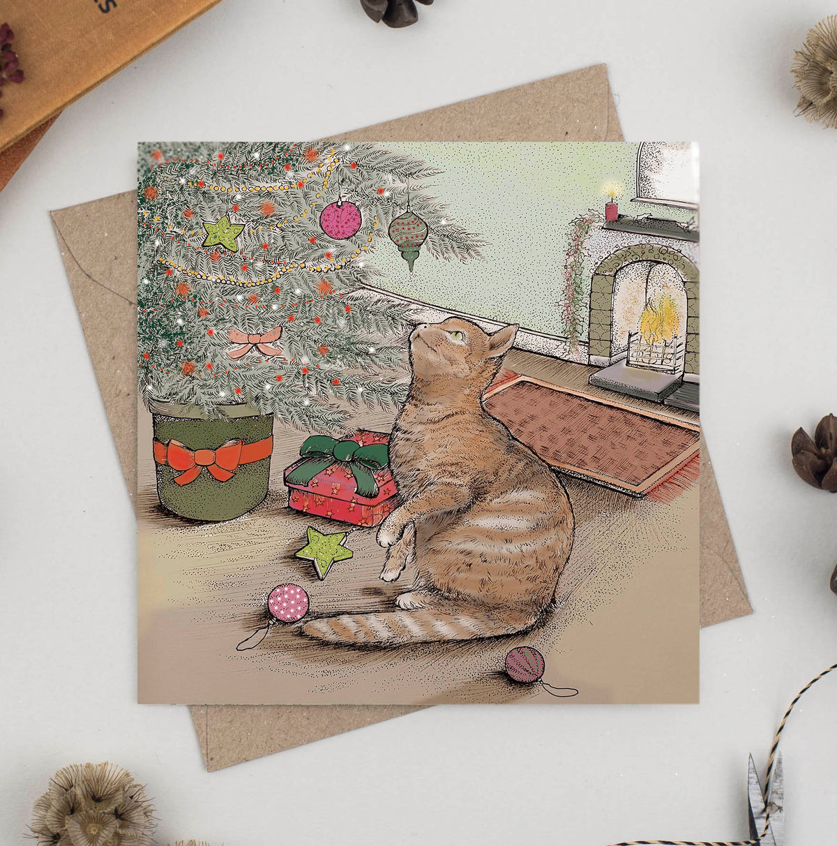 Cat and Christmas Tree Hand Drawn Art Blank Greeting Card