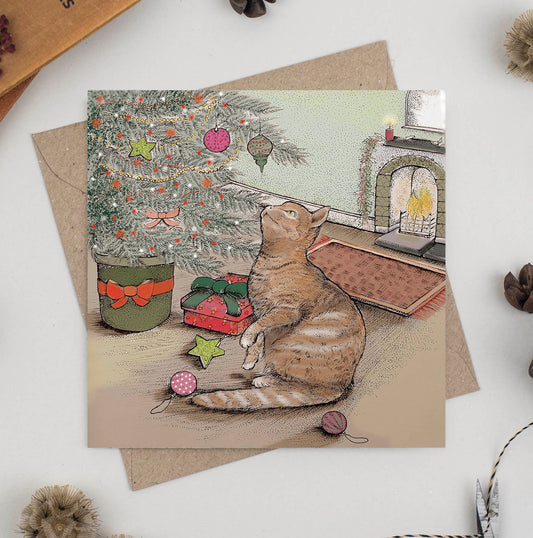 Cat and Christmas Tree Hand Drawn Art Blank Greeting Card