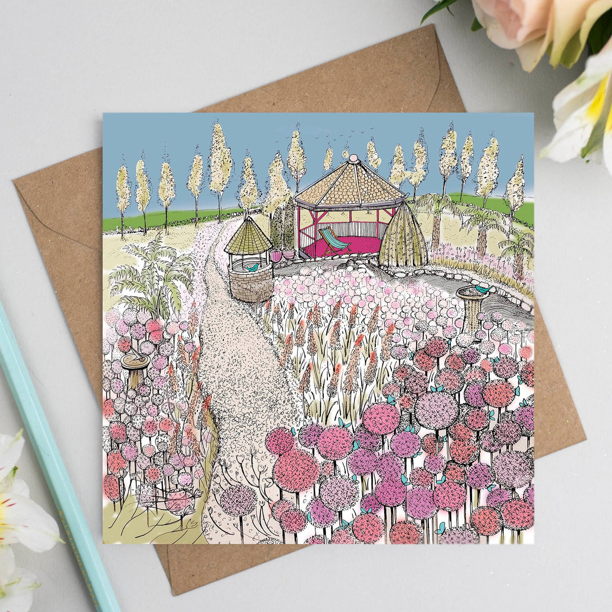 Alliums Garden Hand Drawn Art Floral Blank Greeting Card