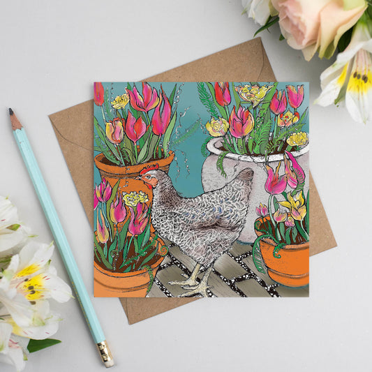 Chicken Tulips Hand Drawn Hen Easter Art Blank Greeting Card