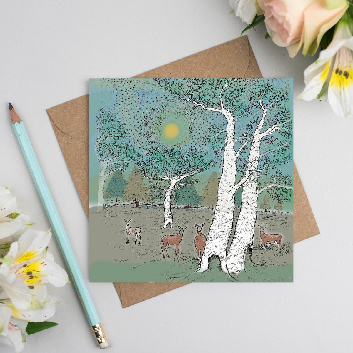 Deer Park Hand Drawn Art Forest Blank Greeting Card