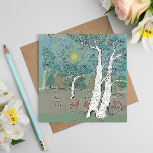 Deer Park Hand Drawn Art Forest Blank Greeting Card